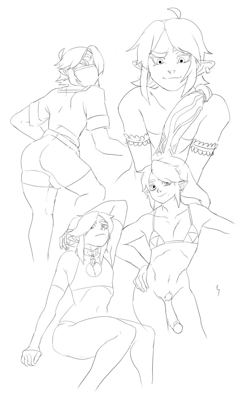 1boy 2019 ass astral_seven balls canon_crossdressing crossdressing disembodied_penis femboy girly hylian link male male_only monochrome nintendo penis pointy_ears sketch the_legend_of_zelda triforce_bikini