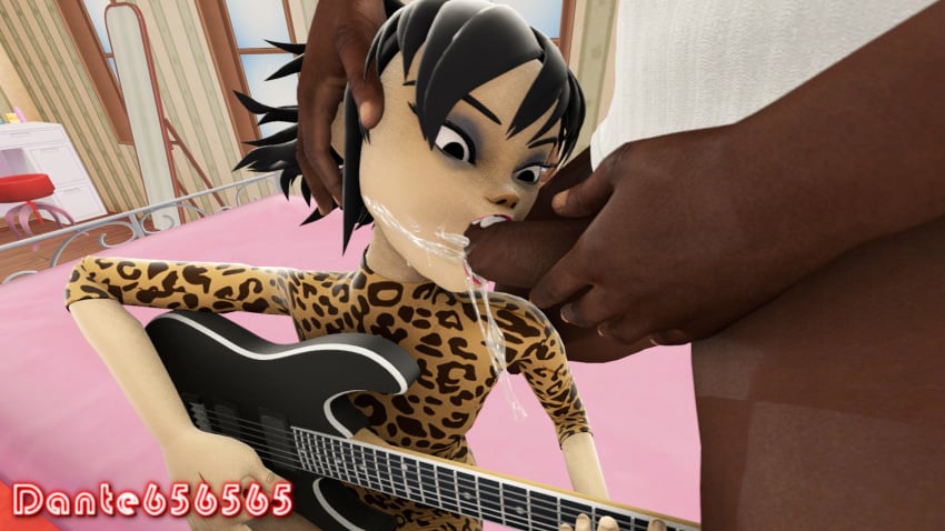 1boy 1girls 3d black_eyes black_hair cum cum_in_mouth dante656565 dark-skinned_male dark_skin gorillaz guitar interracial light_skin noodle_(gorillaz) noodle_(strobelite) russel_hobbs source_filmmaker tagme