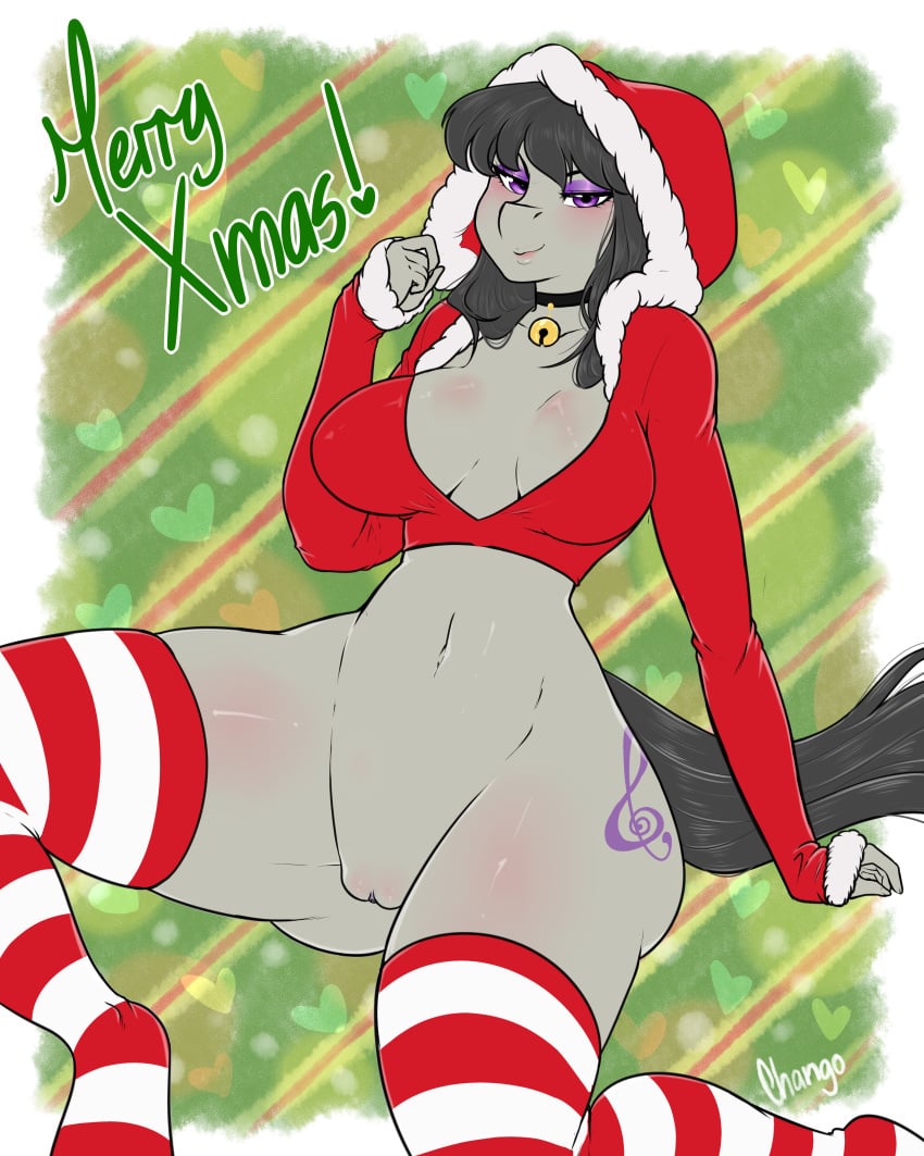 absurd_res anthro anthrofied bottomless chango-tan choker christmas clothed clothing female friendship_is_magic half-closed_eyes hi_res holidays jewelry legwear looking_at_viewer my_little_pony narrowed_eyes necklace octavia_melody pussy sitting smile smirk solo text thick_thighs thigh_highs