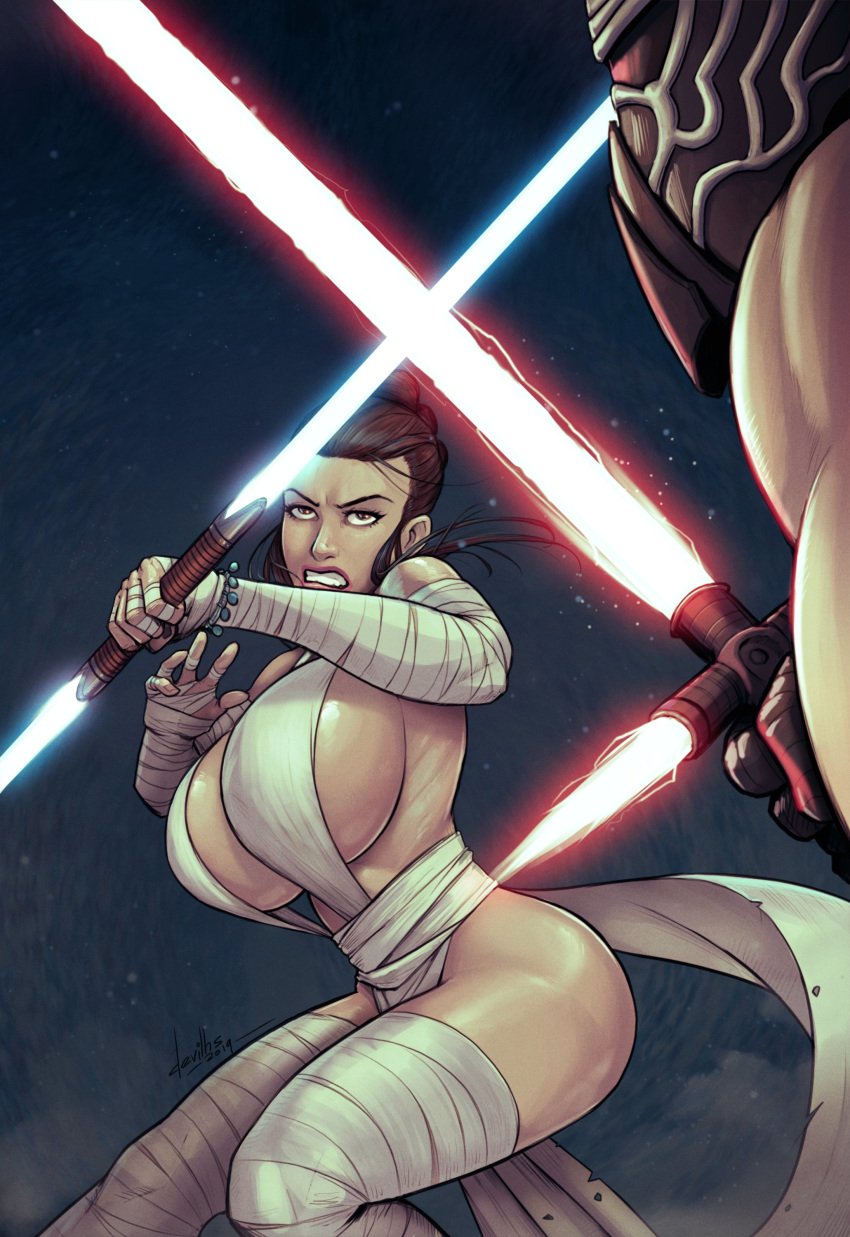 action_pose armband ass bare_shoulders big_ass big_butt bracelet breasts brown_eyes bubble_butt busty butt clothing devil_hs eyelashes female helmet hourglass_figure huge_breasts human kylo_ren lightsaber loincloth male muscles muscular muscular_male overflowing_breasts pinup pose posing rey ribs sideboob star_wars tagme wide_hips