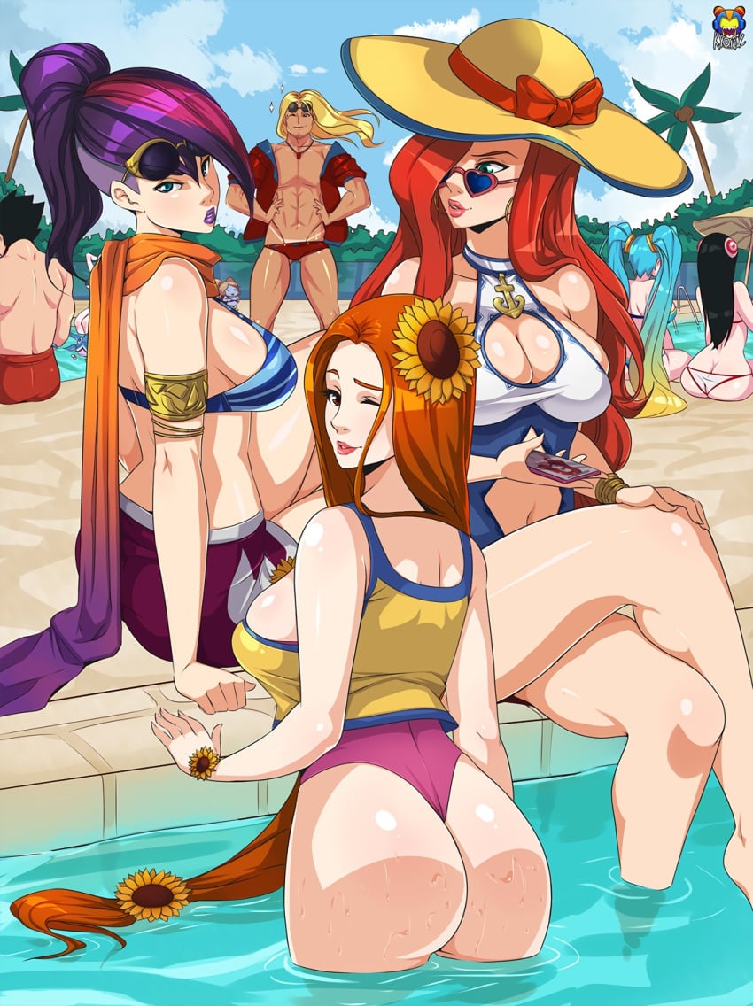 blonde_hair blue-tinted_eyewear blue_hair brunette bubble_butt darius_(league_of_legends) fiora_laurent flower_in_hair irelia_xan kyoffie large_breasts league_of_legends leona_(league_of_legends) looking_over_eyewear looking_over_glasses looking_over_sunglasses lulu_the_fae_sorceress miss_fortune multicolored_hair multiple_girls orange_hair pool pool_party pool_party_fiora pool_party_leona pool_party_lulu pool_party_miss_fortune pool_party_series pool_party_taric poppy purple_hair red_hair riot_games shiny_skin shortstack smartphone sona_buvelle sunglasses taric tinted_eyewear undercut water yordle