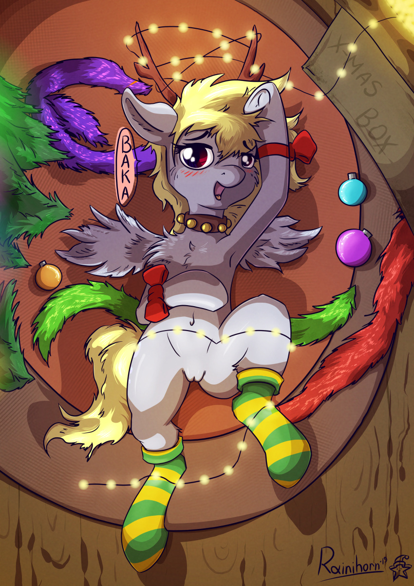 2019 absurd_res bell bow christmas cloth derpy_hooves equid equine female friendship_is_magic hair half-closed_eyes hi_res holidays mammal my_little_pony narrowed_eyes nude open_mouth pussy rainihorn spreading text tongue ych_result