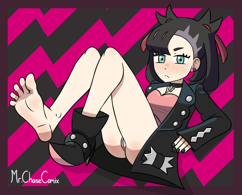 ass barefoot black_hair black_nails blush bottomless clothed eye_contact feet female half-closed_eyes looking_at_viewer marnie_(pokemon) mr._chase_comix nintendo one_boot pokemon pokemon_ss pussy soles solo source_request text thick_thighs toes watermark wide_hips