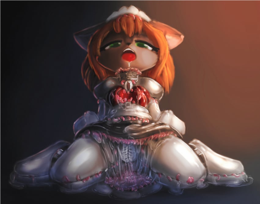 2017 anthro bodily_fluids breasts choker clothing domestic_cat drooling felid feline felis female green_eyes hair jewelry living_clothing looking_at_viewer maid_uniform mammal necklace open_mouth red_hair saliva simple_background sorrynothing tentacle uniform