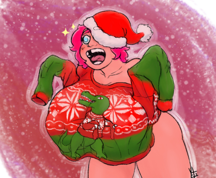 aqua_eyes big_breasts blue_eyes bottomless breasts christmas christmas_sweater collarbone cyan_eyes dinosaur dinosaur_holiday_sweater female female_only happy hat_over_one_eye holidays huge_breasts hyper_breasts kira_(yetig) loose_clothes meme meme_attire missing_teeth missing_tooth nipple_bulge no_panties no_pants one_eye_covered open_mouth original original_character pink_hair pom_hat red_hair santa_hat sleeves_past_fingers sleeves_past_wrists snowing solo startled sweater teeth ugly_christmas_sweater ugly_sweater wide_eyed yetig