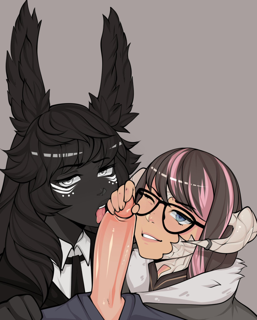 1boy 2girls animal_ears au_ra big_penis black-skinned_female black_hair black_lips black_skin blowjob blue_eyes brown_hair brunette bunny_ears collaborative_fellatio dark-skinned_female dark_skin emily_epperson fellatio ffm_threesome final_fantasy final_fantasy_xiv glasses handjob horns licking light-skinned_female light-skinned_male light_skin multicolored_hair multiple_girls pink_hair raen scales silver_eyes sugarvira teamwork threesome viera