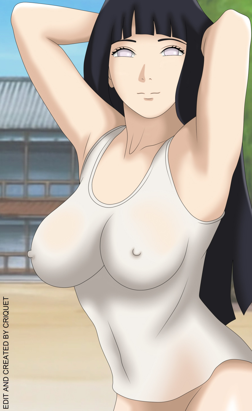 1girls big_breasts clothed clothing criquet female female_only head_grab hyuuga_hinata long_hair looking_at_viewer naruto naruto_(series) naruto_shippuden nipples purple_eyes smile solo t-shirt