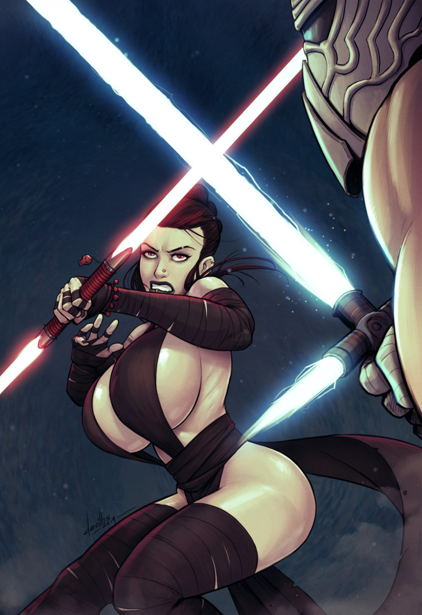 action_pose armband ass bare_shoulders ben_solo big_ass big_butt black_lipstick bracelet breasts bubble_butt busty butt clothing devil_hs double_bladed_lightsaber ear_piercing earrings eyelashes female helmet hourglass_figure huge_breasts human kylo_ren lightsaber lip_piercing loincloth male muscles muscular muscular_male nose_piercing overflowing_breasts piercing pinup pose posing red_eyes rey ribs sideboob sith sith_empress sith_rey star_wars tagme wide_hips