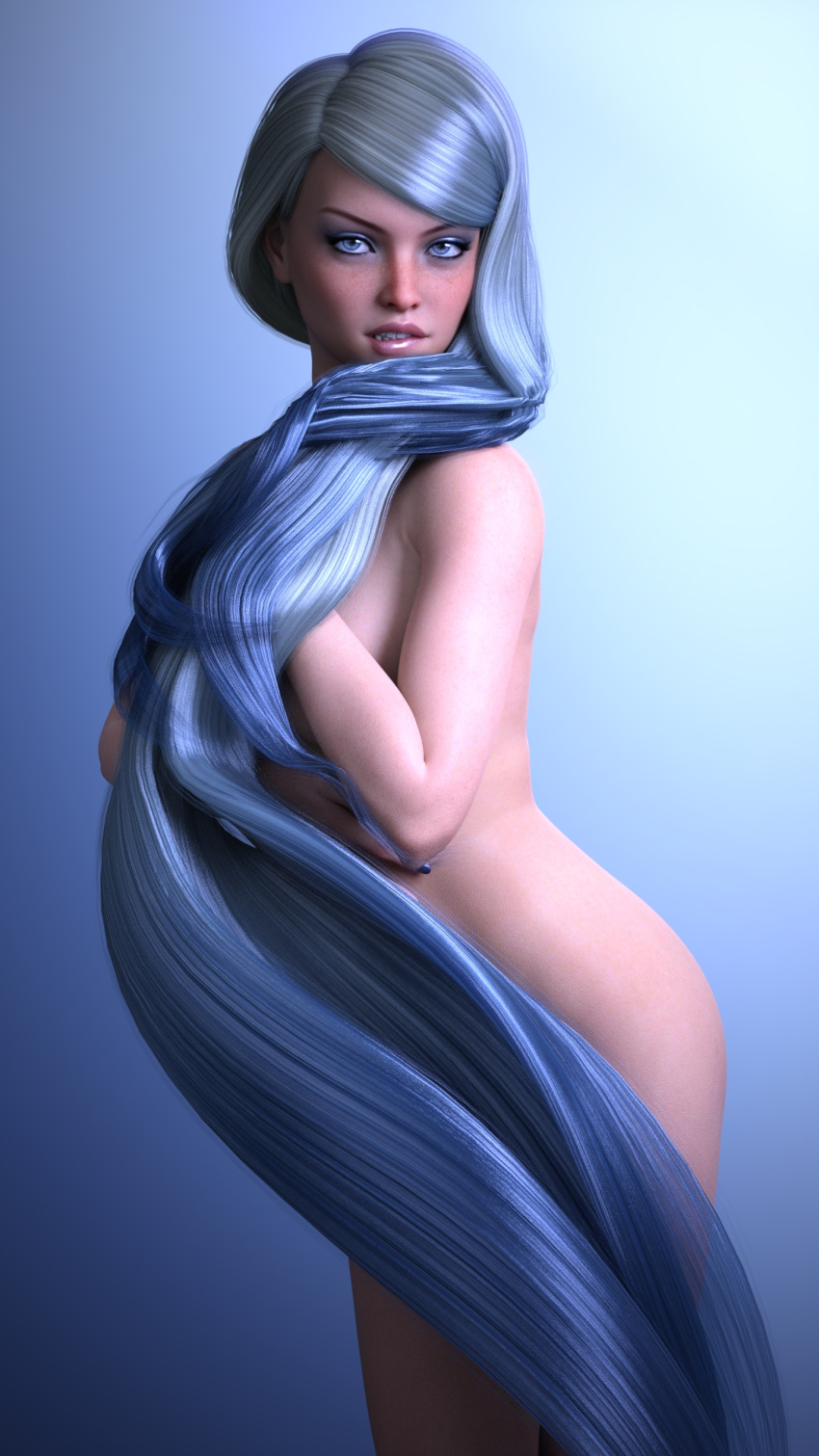 3d biting_lip blue_background blue_eyes blue_hair covering_breasts covering_self daz3d genesis8 hi_res high_resolution light_skin long_hair looking_at_viewer naked