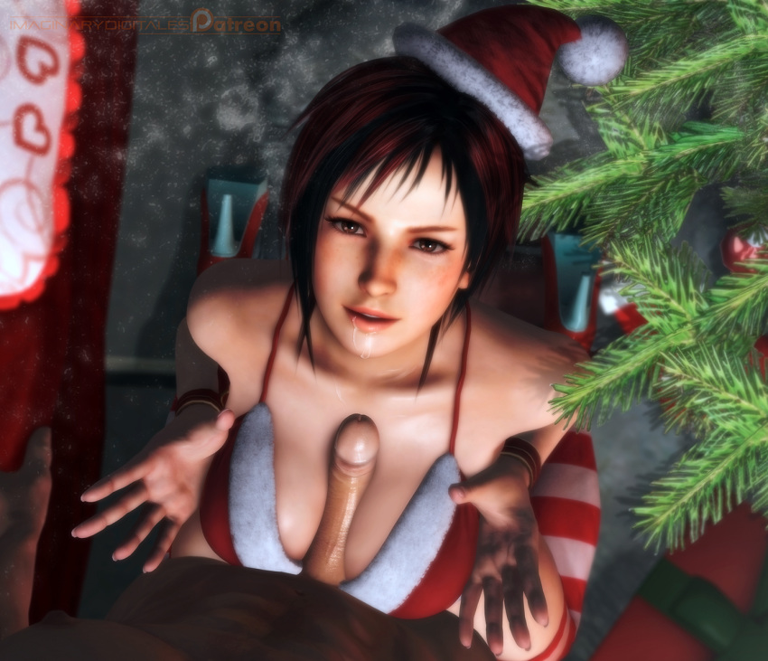 1boy 1girls 3d artist_name between_breasts breasts christmas clothing dead_or_alive dead_or_alive_6 duo erection female hair imaginarydigitales male mila_(doa) paizuri penis straight video_games watermark