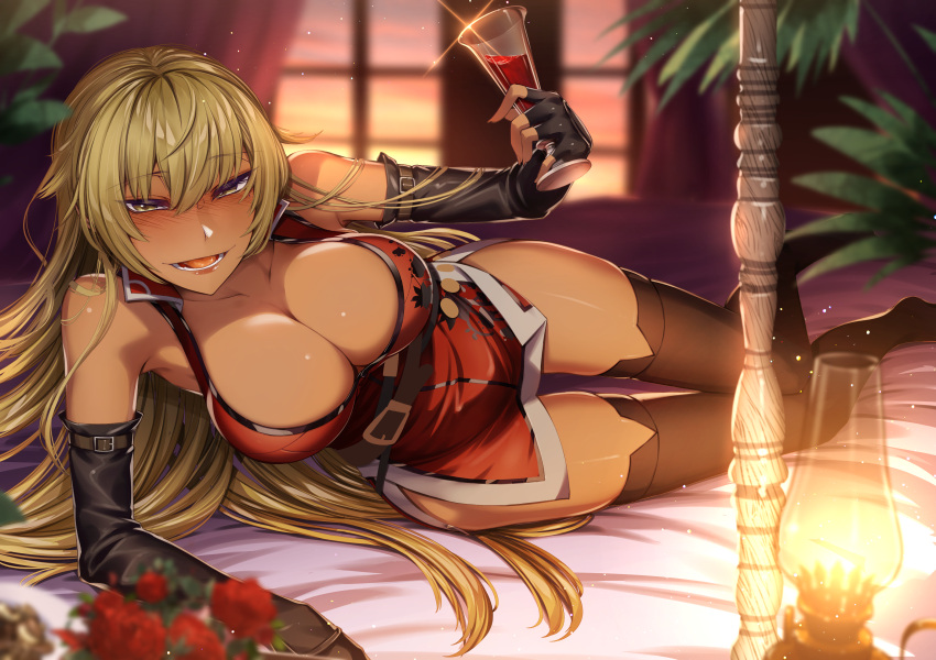 1girls absurdres bangs bare_thighs bed_sheet bedroom big_breasts black_gloves blonde_hair blush breasts cleavage cluseller commission cup dark-skinned_female dark_skin dress drinking_glass elbow_gloves female fingerless_gloves fire_emblem fire_emblem:_the_binding_blade gloves highres huge_filesize igrene_(fire_emblem) large_breasts long_hair looking_at_viewer mole nintendo open_mouth red_dress skeb_commission smile solo solo_female thighhighs wine_glass yellow_eyes