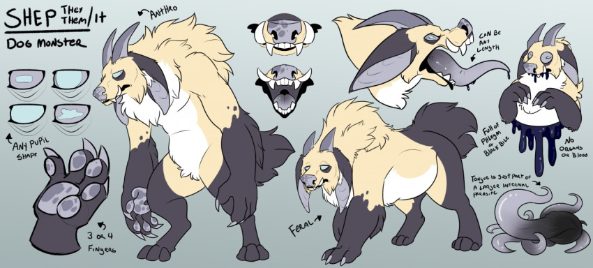 ambiguous_gender anthro black_bile dog_monster fangs feral horn model_sheet monster shep_(character) stupidshepherd