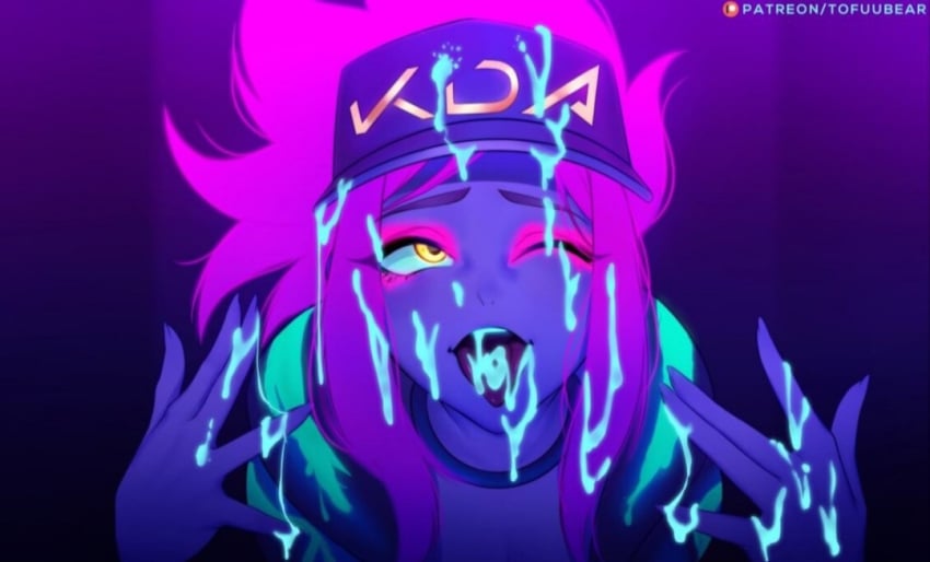 ahe_gao akali blacklight color cum_in_mouth cum_on_face facial fluorescent_bodypaint fluorescent_cum glow_in_the_dark glowing_cum implied_male k/da_akali k/da_series league_of_legends tofuubear