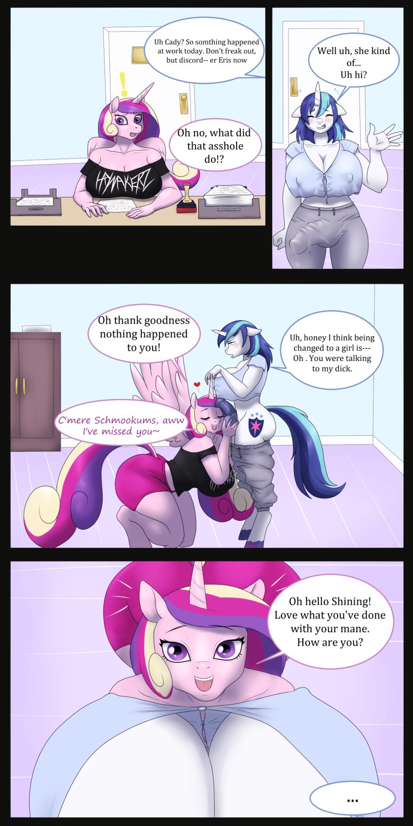 absurd_res alicorn anthro ball_fondling balls big_breasts breasts bulge busty canon_couple cleavage comic dialogue equid female fondling friendship_is_magic furry futa_pov futanari_transformation gleaming_shield_(mlp) gynomorph gynomorph/female heart hi_res horn horsecock husband_and_wife intersex intersex/female lurking_tyger mammal my_little_pony penis princess_cadance_(mlp) rule_63 shining_armor_(mlp) unicorn voluptuous wings