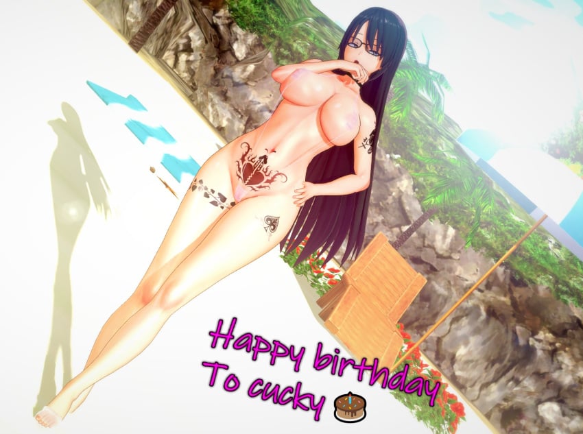 1girls 3d areolae beach belly big_breasts black_hair choker female glasses happy_birthday insult koikatsu legs_crossed long_hair micro_bikini midriff numbersguy original penetration_symbol queen_of_spades sensei sensei_(numbersguy) talking_to_viewer tattoo text ♀ ♂