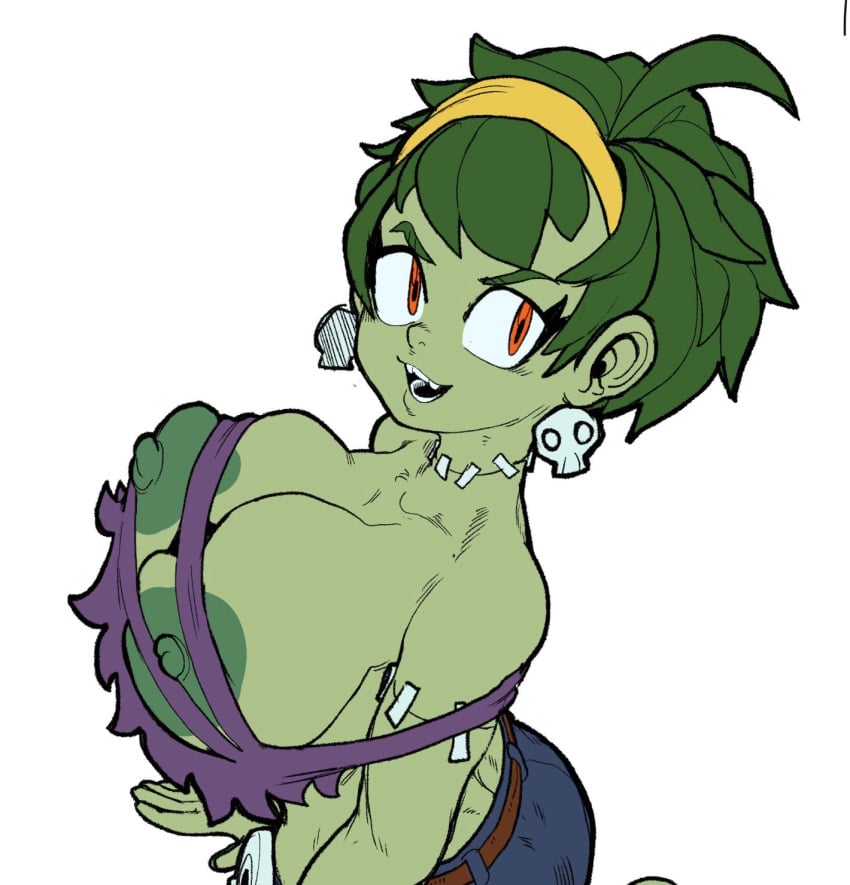 1girls ahoge big_breasts bigfuckingfrog earrings green_hair green_skin ripped_clothing rottytops shantae short_hair skull_earrings solo wayforward zombie zombie_girl