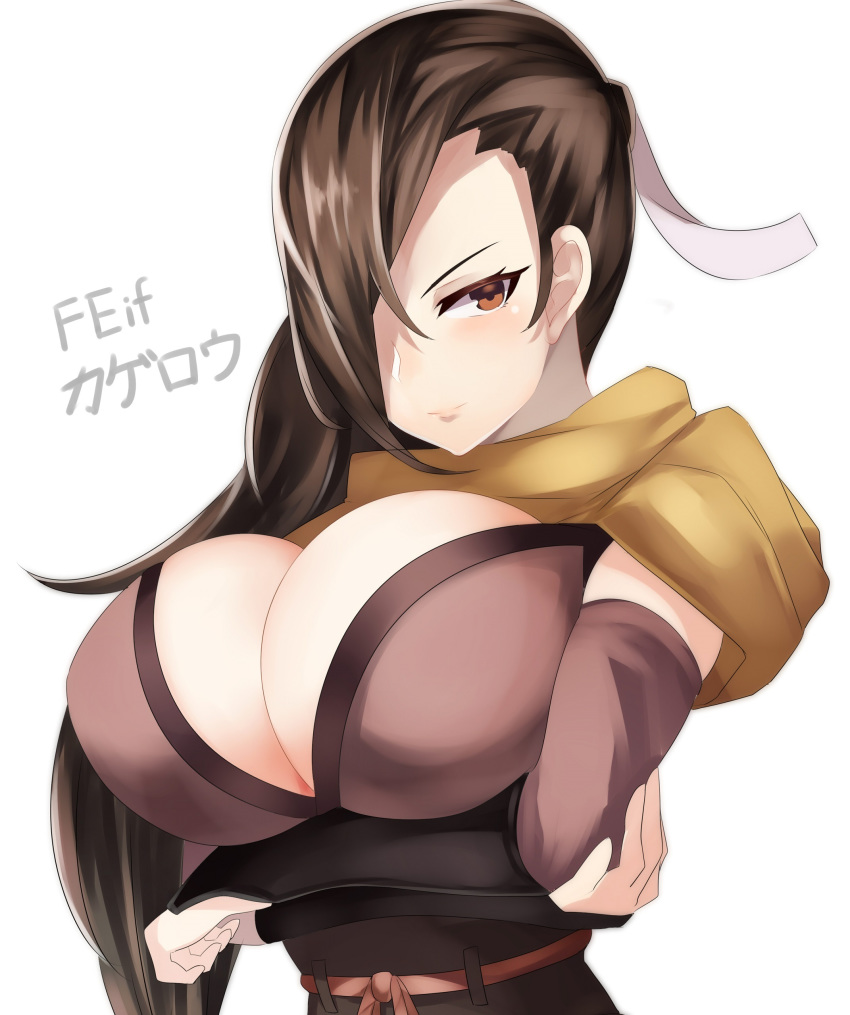 absurdres arm_guards arms_under_breasts bangs breasts brown_eyes brown_hair cleavage closed_mouth commentary_request crossed_arms detached_sleeves female fire_emblem fire_emblem_fates fire_emblem_if hair_over_one_eye hair_ribbon highres huge_breasts kagero_(fire_emblem) large_breasts long_hair ninja nintendo ribbon scarf smile tiamat_(momokuri_mannen) upper_body yellow_scarf