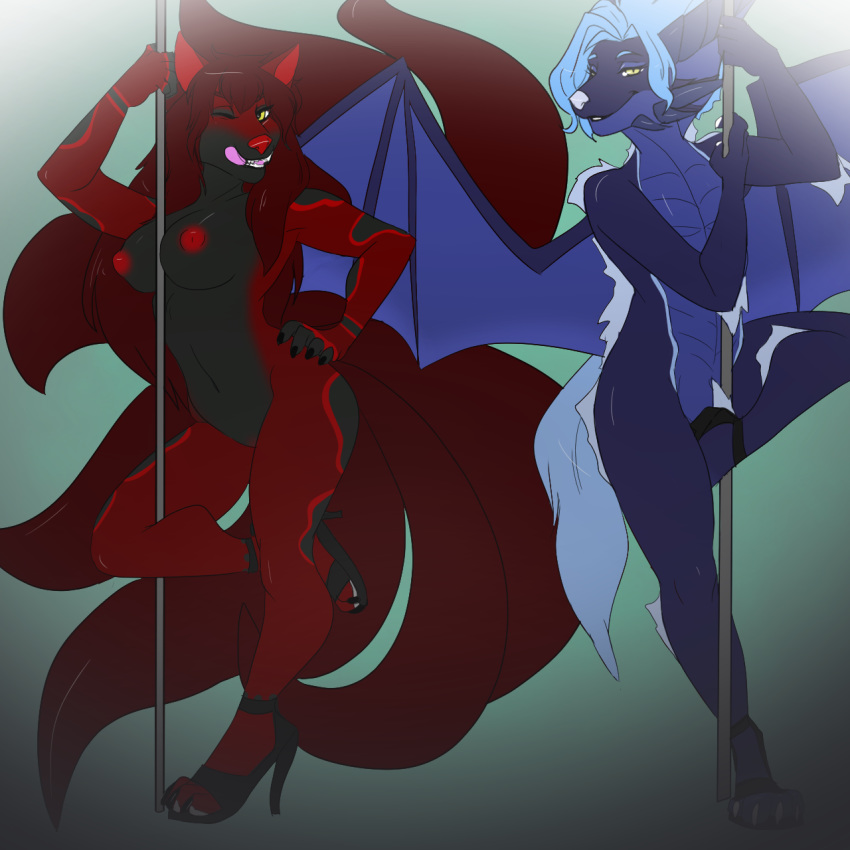 1:1 breasts canid canine canis clothing dancing dragon duo female footwear fox freelapse girly hi_res high_heels horn hybrid male mammal pole pole_dancing shoes simple_background stripper_pole tongue tongue_out wings wolf xeno_(darkfox49) zetal