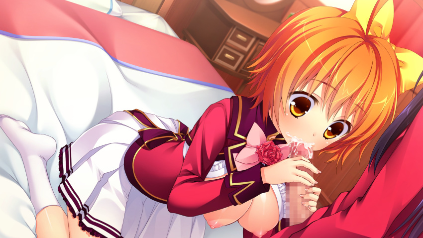 1boy areolae bed blush bowtie breasts censored chuablesoft covering crossdressing cum cum_in_mouth fellatio female game_cg highres kunai_uri large_breasts mosaic_censoring namanie nipples noblesse_of_rouge oohinata_toshiya oral orange_eyes orange_hair penis pillow school_uniform short_hair tani_an trap uniform