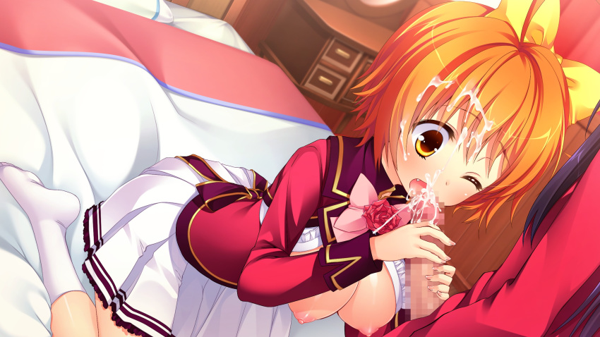 1boy areolae bed blush bowtie breasts censored chuablesoft crossdressing cum cum_on_hair cute_fang facial female game_cg highres kunai_uri large_breasts mosaic_censoring namanie nipples noblesse_of_rouge oohinata_toshiya open_mouth orange_eyes orange_hair penis pillow school_uniform short_hair tani_an trap uniform wince