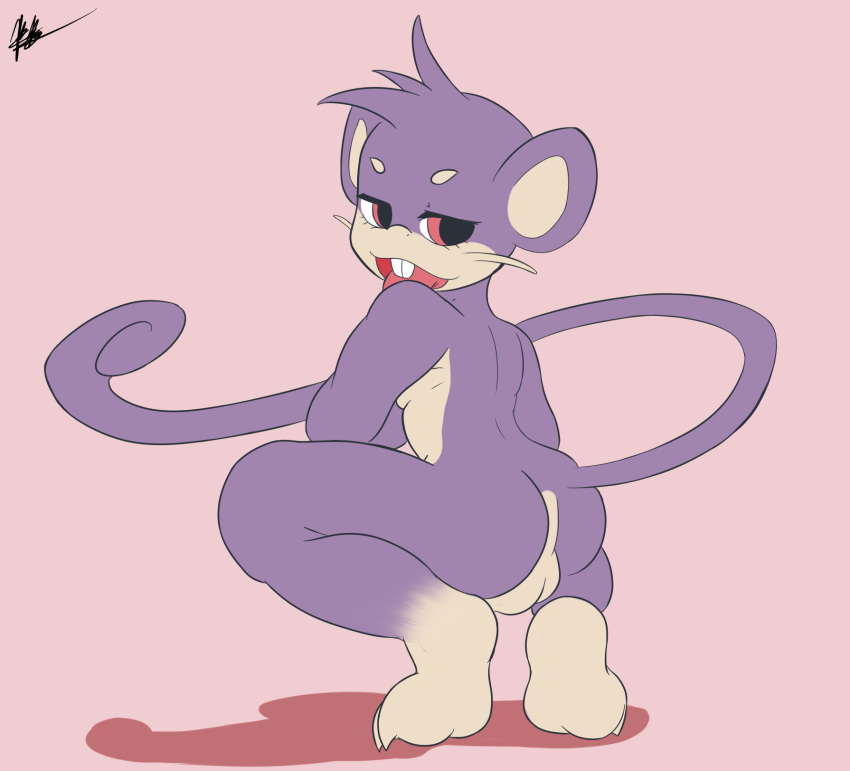 1boy back big_eyes buckteeth crouching eye_contact feet flat_colors half-closed_eyes hi_res looking_at_viewer male mammal nintendo original_character paws pokémon_(species) pokemon pokemon_rgby presenting rat rattata retro_future rodent solo squatting tail testicles video_games whiskers wide_hips