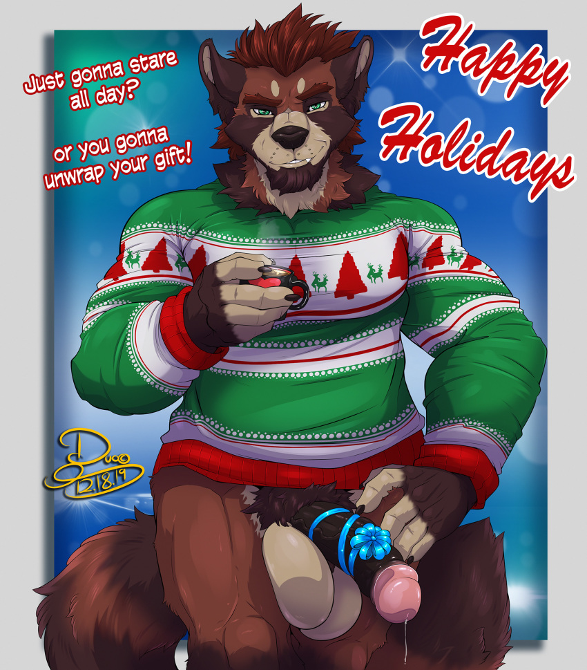 2019 5_fingers ailurid anthro balls beard beverage big_balls big_penis biped black_nose black_penis bodily_fluids border bottomless bow brown_body brown_fur christmas christmas_sweater claws clothed clothing cup dialogue duo_(artist) english_text eyebrows facial_hair fangs fingers fluffy fluffy_tail front_view fur genital_fluids green_eyes hair half-closed_eyes half-erect hand_on_hip hi_res holding_mug holding_object holidays huge_balls humanoid_penis liam_(duo) looking_at_viewer male male_only mammal narrowed_eyes neck_tuft penis precum pubes red_body red_fur red_hair red_panda red_text signature simple_background solo standing sweater talking_to_viewer teeth text topwear tuft vein veiny_penis white_border