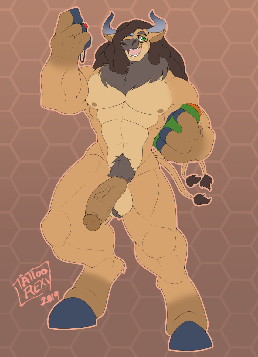 1boy 2019 abs anthro balls bovine cattle dated digital_media_(artwork) digitigrade eye_contact feet furry glasses hair hair_over_one_eye hi_res hooves horn humanoid_penis large_penis long_hair looking_at_viewer male male_only mammal multi_tail nintendo nipples nude open_mouth original_character penis pokémon_(species) pokemon pokemon_(species) pokemon_rgby pose pubic_hair simple_background smile solo tattoorexy tauros testicles text tongue veins video_games watermark