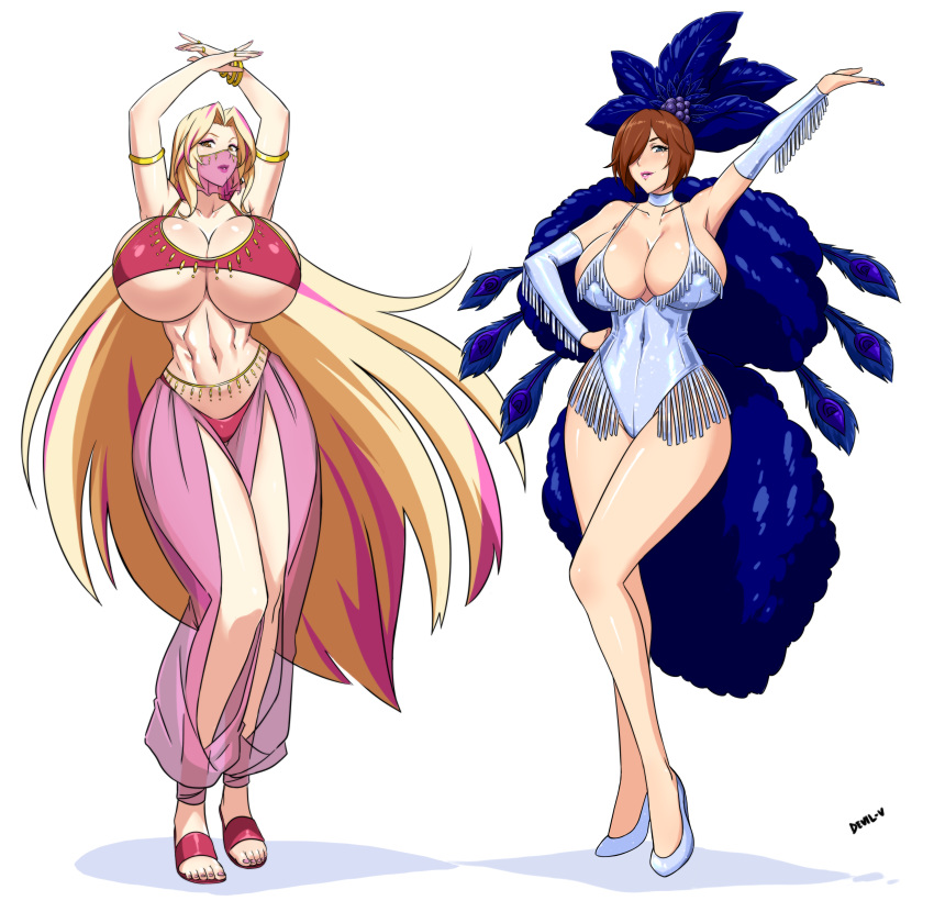 2girls absurd_res belly_dancer belly_dancer_outfit blonde_hair breasts brown_hair cleavage devil-v gigantic_breasts harem_outfit highres huge_breasts open_toe_shoes