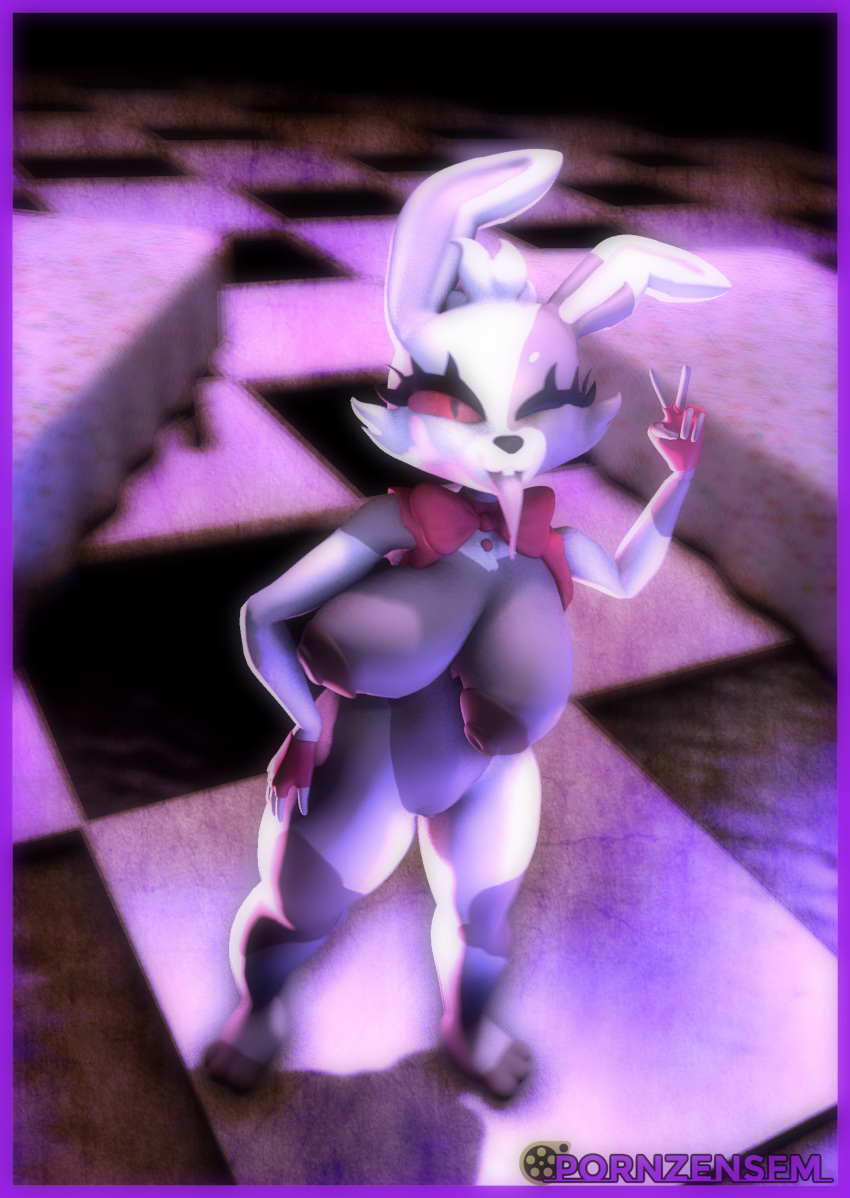 3d above_view anthro big_breasts big_eyelashes big_eyes bowtie breast_swaying breasts bunny bunny_ears bunny_teeth five_nights_at_freddy's five_nights_at_freddy's:_help_wanted five_nights_at_freddy's:_security_breach fluffy_hair furry hand_on_hip legs_apart long_tongue looking_at_viewer multicolored_fur naked nipples pornzensfm_(artist) rabbit_feet red_eyes snout solo source_filmmaker swaying table thick_thighs tongue_out v vagina vanny_(fnaf) zentaisfm