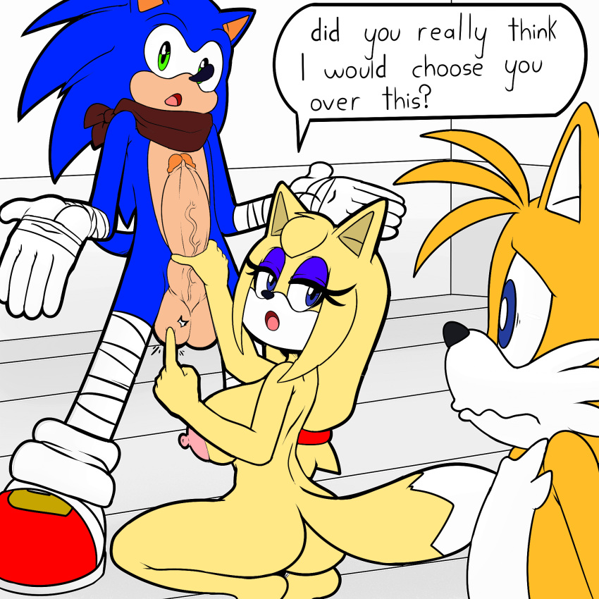 big_breasts big_penis breasts canine cuckold exposed_torso female footwear fox handwear hedgehog huge_cock male mammal mintyskin mostly_nude nude penis sonic_(series) sonic_boom sonic_the_hedgehog superbunnygt tails zooey_the_fox