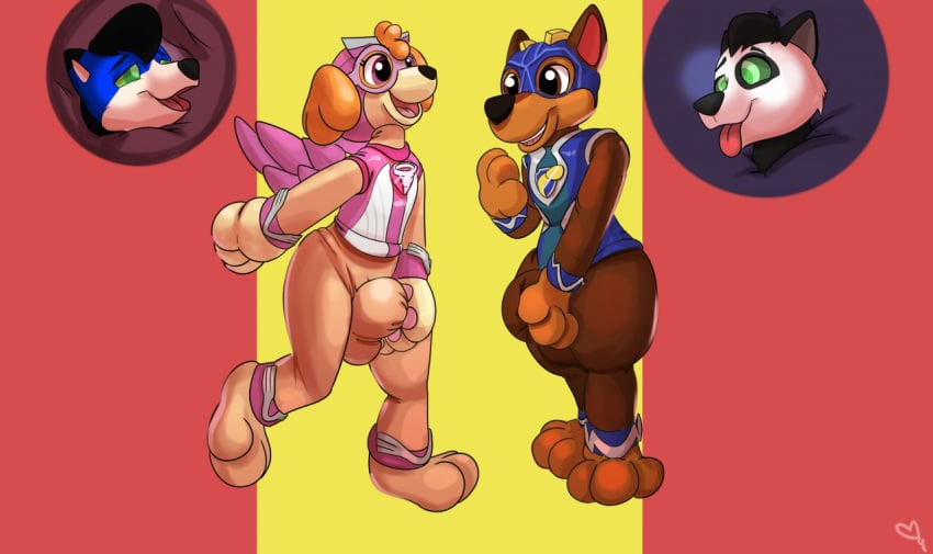 anthro balls black_nose bondage bound bulge canid canine canis chase_(paw_patrol) clothed clothing costume duo encasement genitals kastmi male mammal open_mouth paw_patrol plushification plushsuit skye_(paw_patrol) transformation what