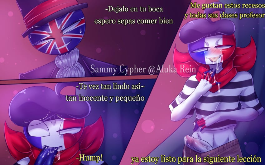 alukarein beret blue_skin blush countryhumans cum_in_mouth erection france_(countryhumans) gay precum tongue tongue_out top_hat united_kingdom_(countryhumans) yaoi