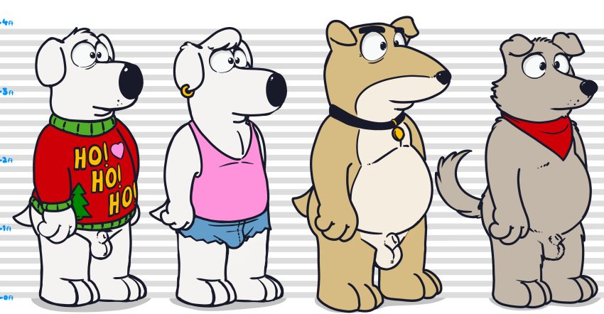 absurd_res animal_genitalia anthro balls bottomless bottomwear brian_griffin canid canine canis christmas_sweater clothed clothing domestic_dog family_guy hi_res jasper_(family_guy) lineup male male_only mammal neenya new_brian sheath shorts vinny_griffin