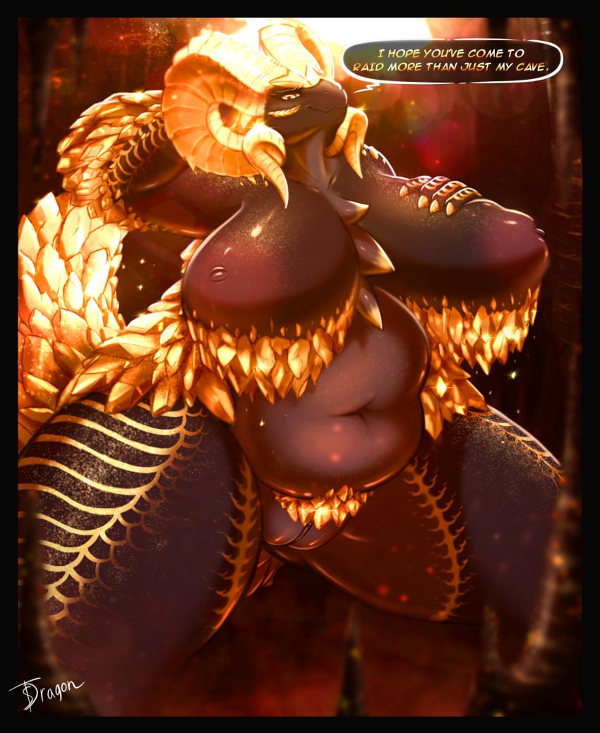 2020 absurd_res anthro anthrofied big_breasts breasts capcom curvy_figure dragon elder_dragon english_text female hi_res horn huge_breasts kulve_taroth looking_at_viewer monster_hunter nipples non-mammal_breasts nude scalie solo text thescarletdragon1 thick_thighs video_games voluptuous wide_hips