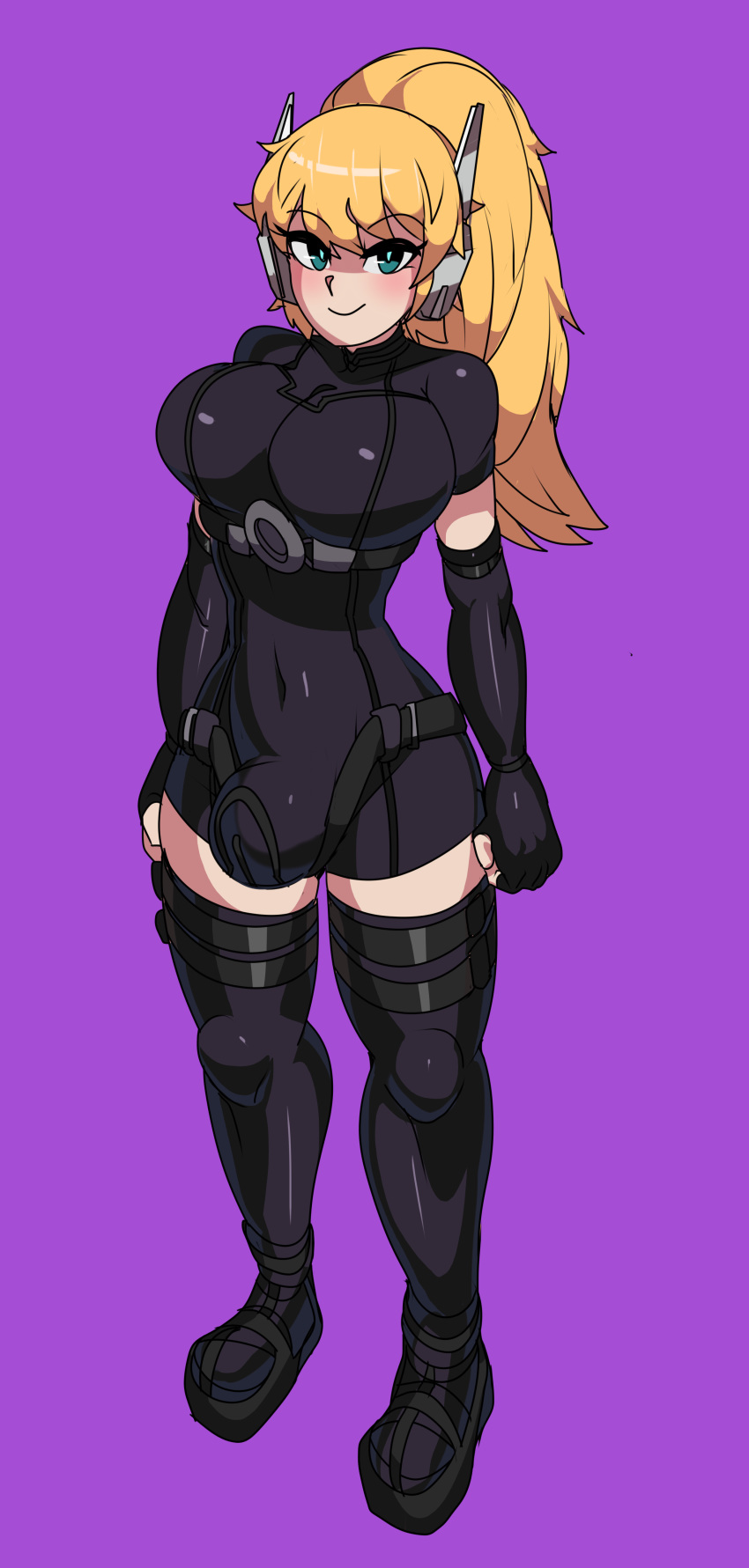 1futa belt blonde_hair blue_eyes bodysuit_bulge boots bulge captain_kirb clothing cyborg futa_only futanari gloves intersex jazz_(oc) latex latex_bodysuit latex_breasts latex_futa latex_skin latex_skinsuit latex_suit original ponytail robot_girl skin_tight