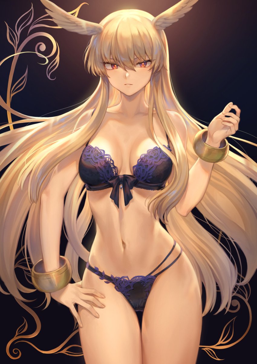 1girls angel_wings bangs bare_shoulders blonde_hair blue_bra blue_panties blush bow bow_bra bow_lingerie bra bracelet breasts breasts_apart collarbone fate/grand_order fate_(series) female female_only gradient gradient_background hair_between_eyes hand_on_hip head_wings highres jewelry legs legs_apart lingerie long_black_hair looking_at_viewer mashu_003 medium_breasts navel panties parted_lips red_eyes solo thigh_gap thighs thrud_(fate) underwear valkyrie_(fate) very_long_hair wings wings_on_head