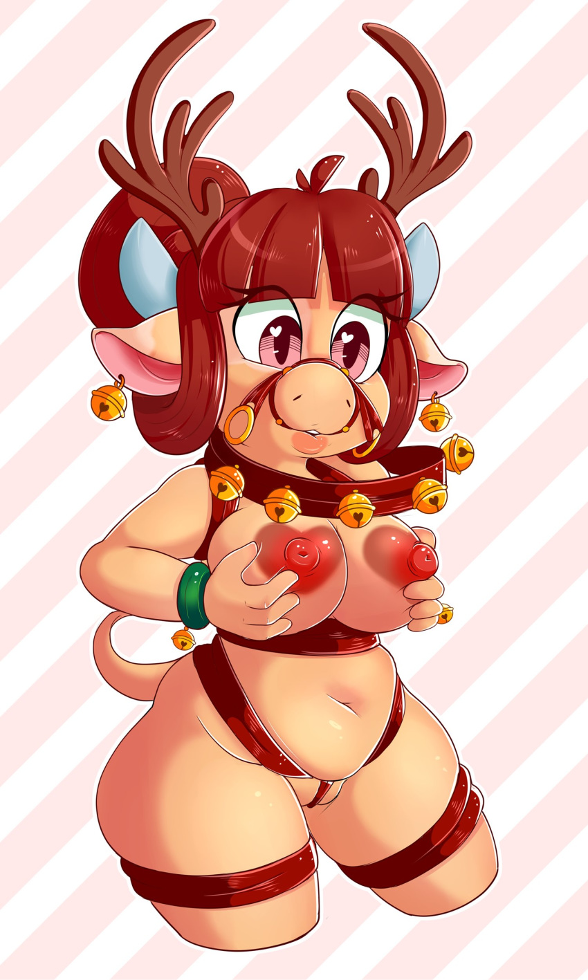 absurd_res antlers bell belly bovid bovine breasts cattle ear_piercing ear_ring fake_antlers female halter harness heart heart_nipples hi_res holding_breast jingle_bell mammal miss_moosie nude piercing squish thigh_squish