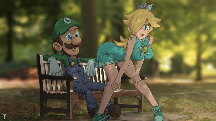 ass ass_out bench big_ass big_breasts blonde_hair blue_eyes breasts clothed clothing dress luigi mario_(series) mario_tennis nintendo outdoors outside presenting princess_rosalina ylvy_(ylvish)