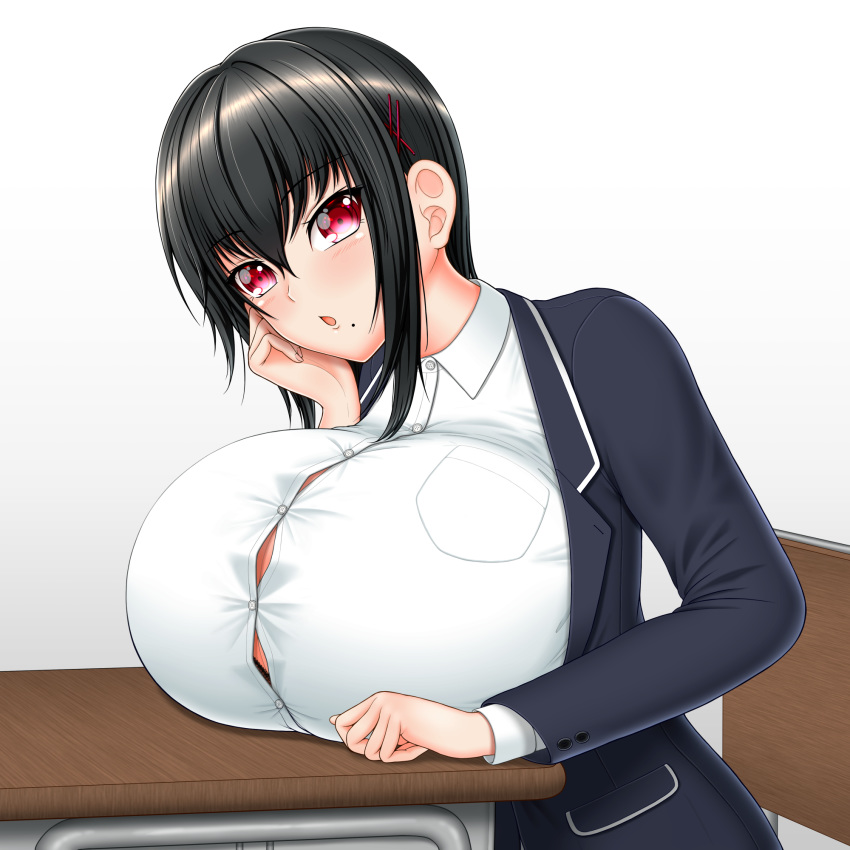 1girls beauty_mark big_breasts big_eyes black_hair breast_rest breasts_on_table bursting_breasts chestnut_mouth classroom cleavage dark_hair desk female hair_ornament hand_on_cheek huge_breasts impossible_clothes indoor kazuu_(artist) looking_at_viewer medium_hair mole_under_mouth open_mouth original red_eyes school_uniform schoolgirl shiny_hair short_hair sidelocks solo