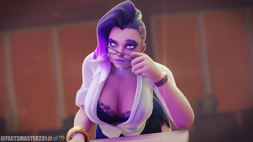 1girls 3d blender breasts effectsmaster231 female glasses looking_at_viewer overwatch purple_eyes purple_hair solo sombra teacher