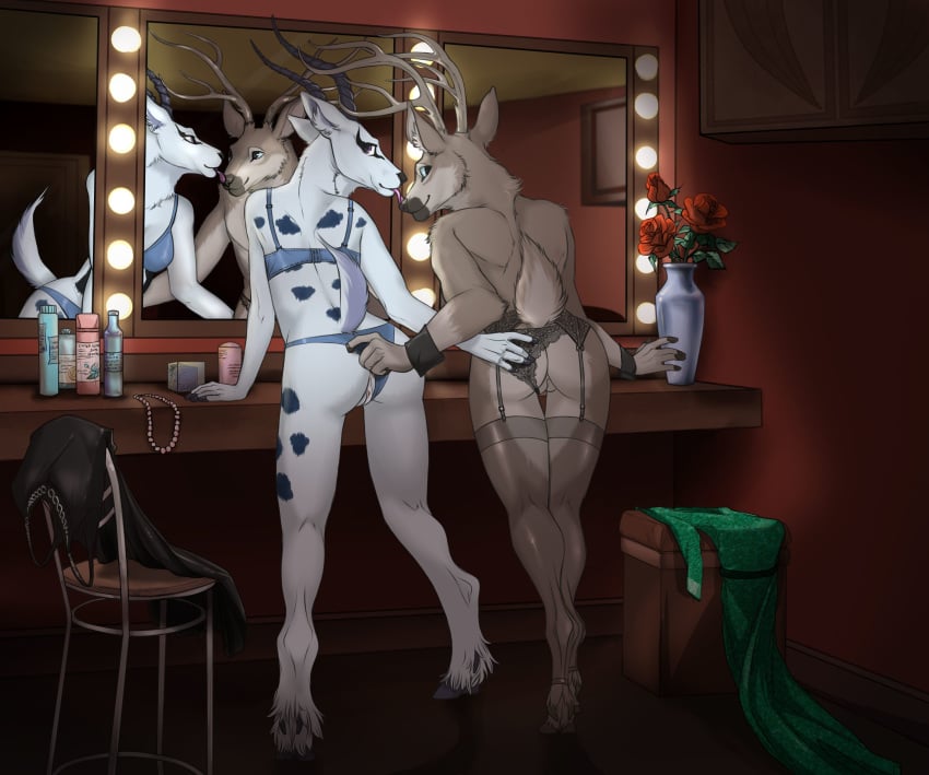 absurd_res altered_reflection andromorph antelope anthro bovid breasts cervid cervine clothing cuntboy duo female hi_res hooves intersex intersex/female jayne_doe licking lilopka lingerie mammal mirror nose_lick reflection soulless_lumos tongue tongue_out