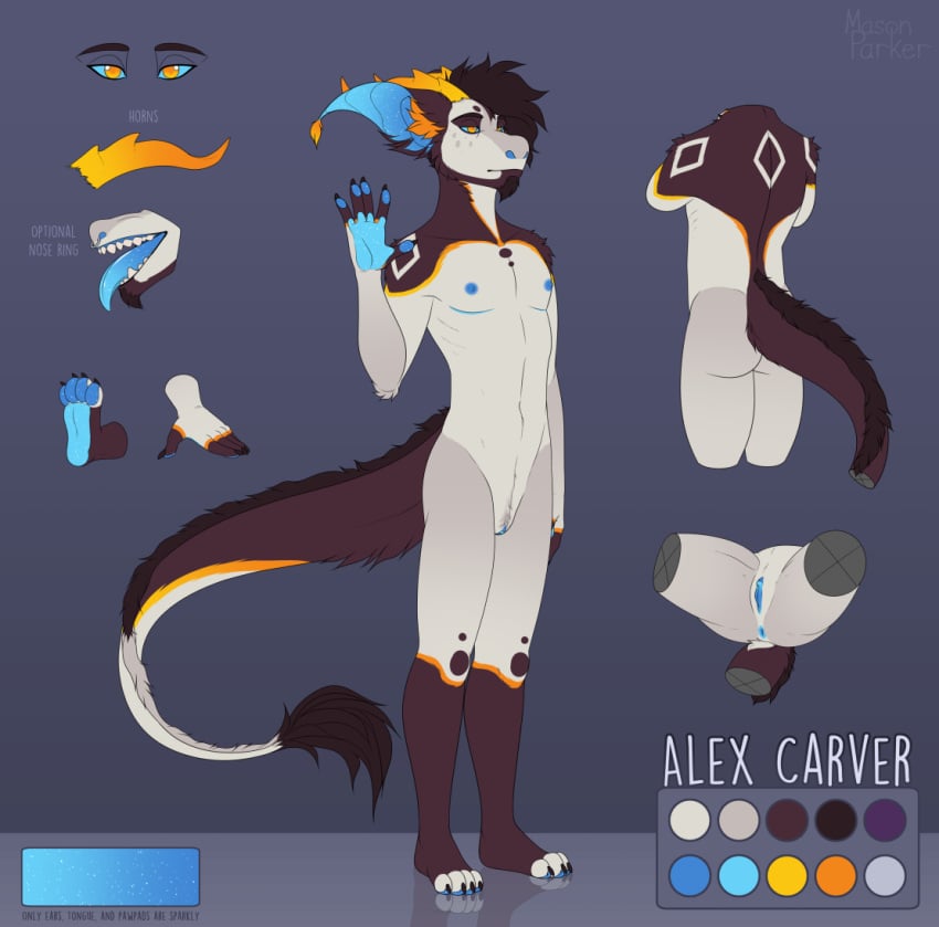 2019 4_toes 5_fingers alex_carver_(masonparker) andromorph anthro anus areola ass beard biped blue_anus blue_nipples blue_pawpads blue_pussy blue_tongue brown_hair claws color_swatch cuntboy dragon facial_hair fangs fingers front_view goatee grey_background hair half-closed_eyes horn hybrid intersex long_tail looking_away masonparker mastectomy_scar model_sheet narrowed_eyes nipples nude open_mouth orange_eyes orange_horn pawpads paws pussy raised_arm rear_view scar simple_background solo spread_legs spreading standing tail_tuft teeth three-quarter_view toes tongue tongue_out tuft