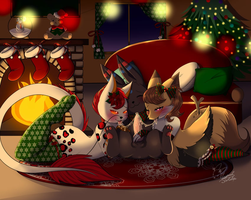 1boy 2girls absurd_res akuna alpha_blizz alternate_color blush bodily_fluids braixen canid canine canis christmas cum dragon eeveelution female genital_fluids hi_res holidays hybrid jackalopequeen knot magicaljackalope male mammal nintendo oral original_character penis pokémon_(species) pokemon pokemon_(species) pokemon_gsc pokemon_xy pokephilia pussy umbreon video_games wolf