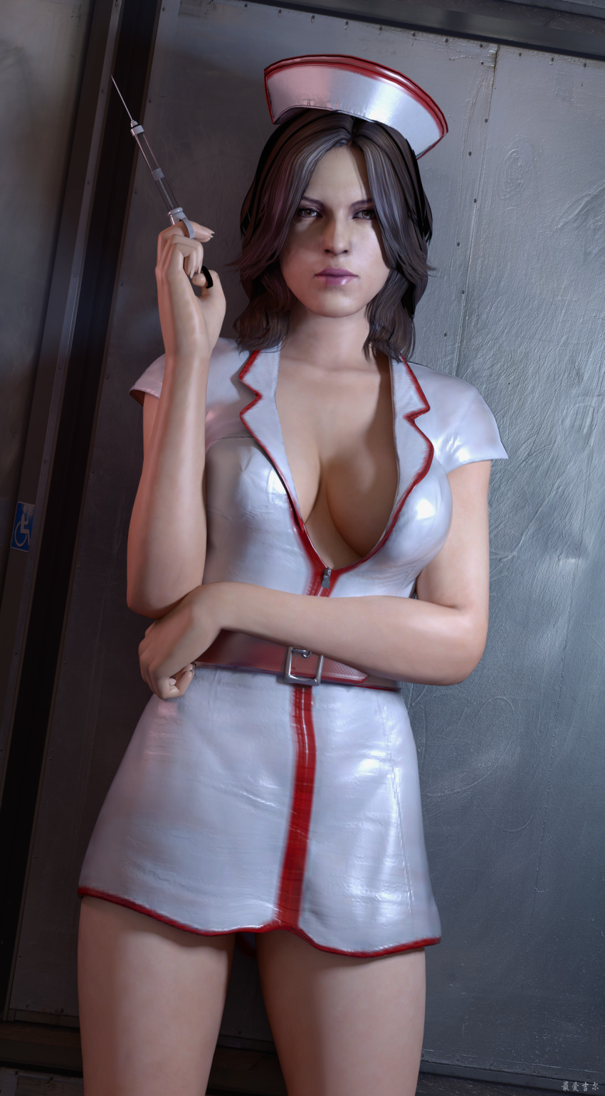 1girls 3d 3d_(artwork) 3smjill cleavage female female_only helena_harper looking_at_viewer nurse_cap nurse_uniform resident_evil solo syringe