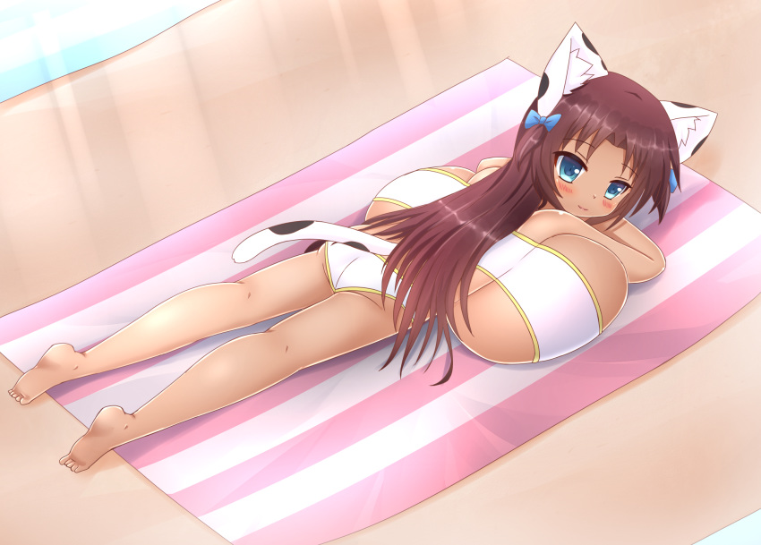 animal_print ass back backboob bandeau bare_shoulders barefoot beach beach_towel big_eyes bikini blue_bow blue_eyes blush bow breast_press breasts brown_hair cat_girl commission commissioner_upload cow_print cute dark_skin ear_fluff feet female female_focus full_body hair_ornament hairbow highres huge_breasts kane-neko kneepits long_hair looking_at_viewer lying naomi_minette on_stomach original original_character pool prone shiny shiny_hair shiny_skin shortstack small_but_busty smaller_female smile soles solo strapless swimsuit tail tight toes towel two_side_up white_clothes