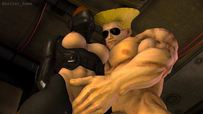 1boy 1girls 3d abs bitter_babe breasts chinese_stealth_suit crossover fallout fallout_4 fingering guile hand_on_pussy helicopter male_focus masturbation naked pussy_rubbing rubbing shades smug source_request street_fighter text watermark