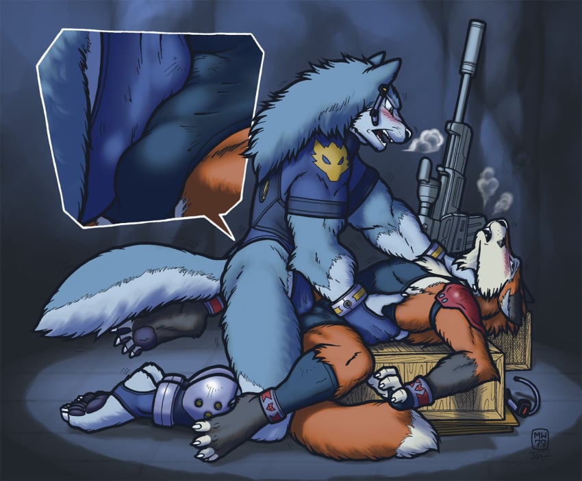 anthro anthro_on_anthro blush breath bulge_frottage canid canine canis clothed clothing duo fox fur grey_body grey_fur male male/male mammal megawolf77 open_mouth orange_body orange_fur pawpads soles teeth tongue weapon wolf