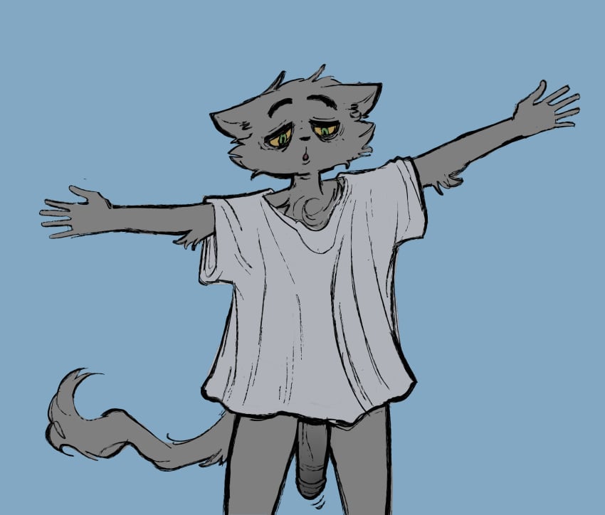 2019 5_fingers absurd_res andy_(kaboozey) bottomless chest_tuft clothed clothing domestic_cat felid feline felis fingers freckles head_tuft hi_res humanoid_penis invalid_tag kaboozey male male_only mammal original original_character partially_clothed penis shirt topwear tuft