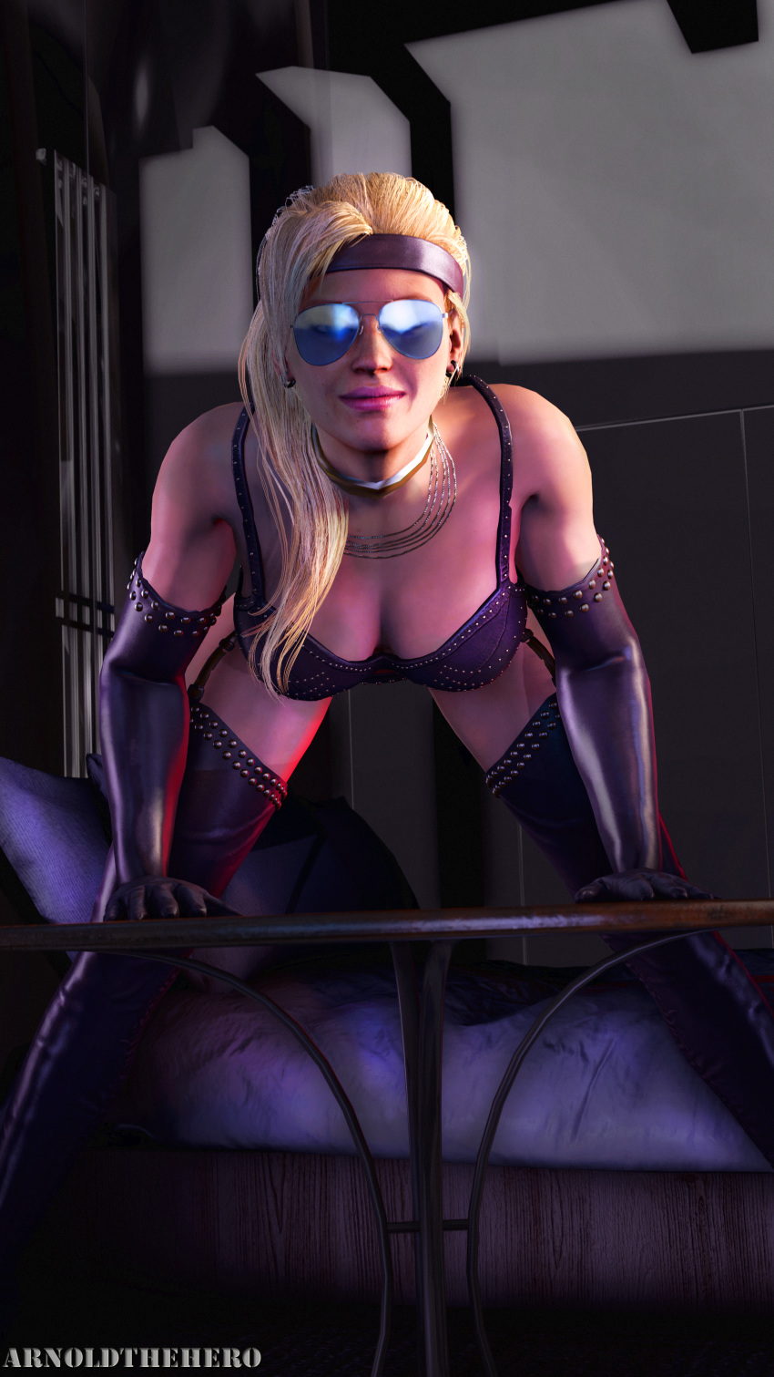 1girls 3d arnoldthehero aviator_sunglasses big_breasts blonde_hair blue-tinted_eyewear bra cassie_cage elbow_gloves female female_only glasses gloves lingerie long_hair mortal_kombat mortal_kombat_11 sfm solo source_filmmaker stockings sunglasses tinted_eyewear