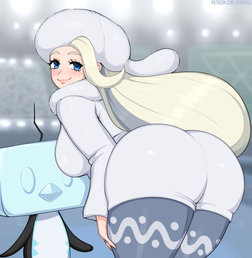 1girls afrobull dat_ass eiscue eye_contact female female_only half-closed_eyes huge_ass human_only looking_at_viewer looking_back melony_(pokemon) milf nintendo pokémon_(species) pokemon pokemon_ss smile source_request text thick_thighs url watermark wide_hips